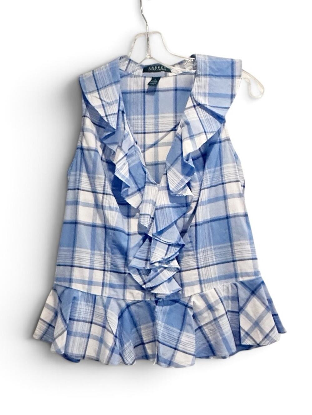 Lauren Ralph Lauren Blue Plaid Ruffle Sleeveless Blouse Peplum Top Size 6 Summer